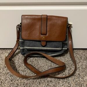 Brown Leather and Blue Striped Purse